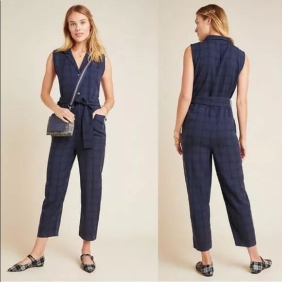 Anthropologie Jumpsuit Brielle Plaid Collar Button Sleeveless Blue - Size M NWT - Picture 1 of 12